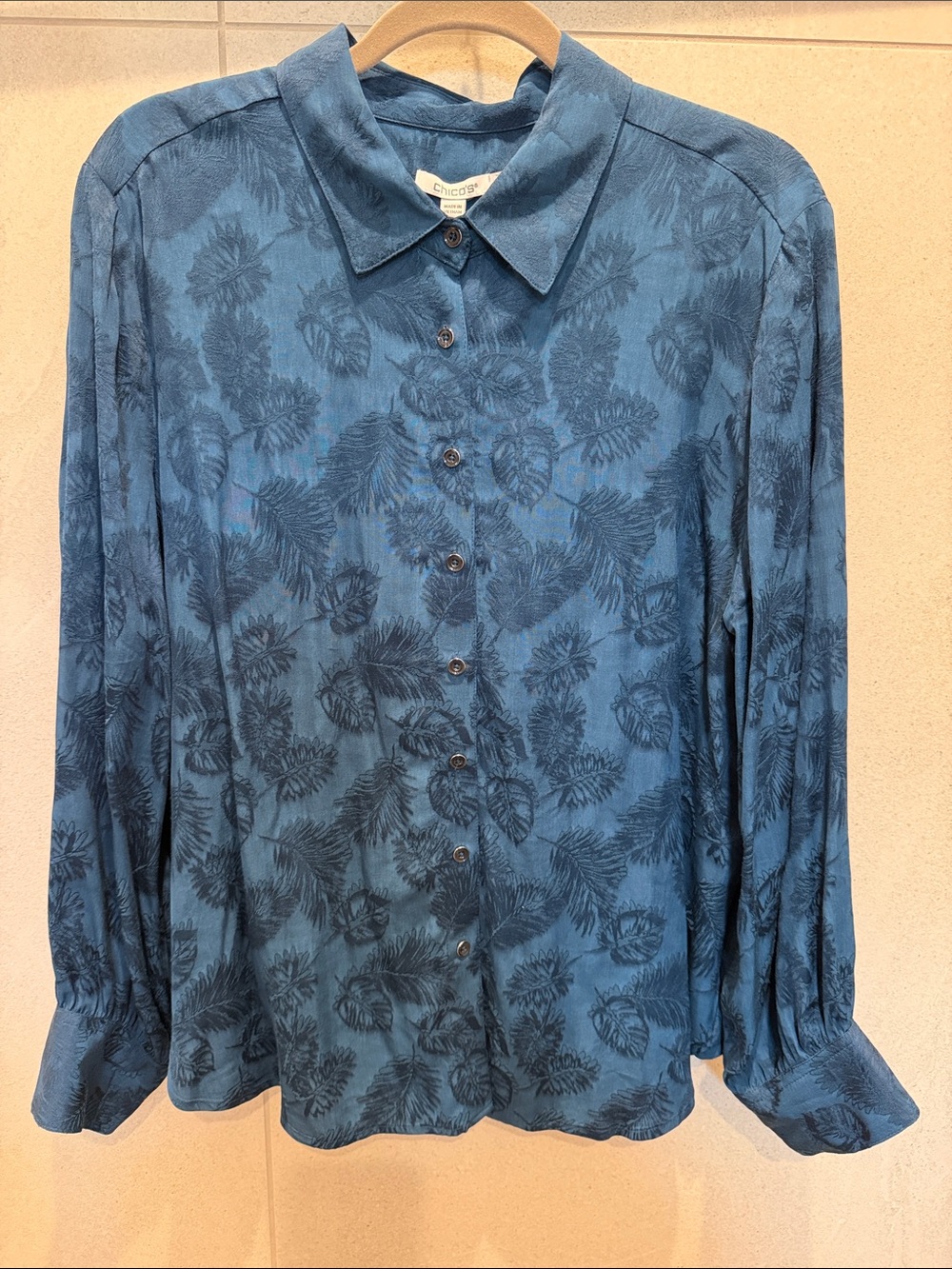Chico's Teal Blue Floral-Print Button Down Shirt